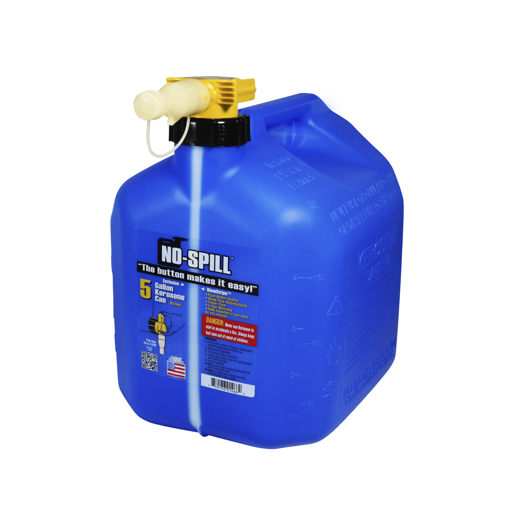 No-Spill Kerosene Can — 5 Gal., Push-Button Control, Autostop Feature, View Stripe, Flame Mitigation Device, Model# 1466